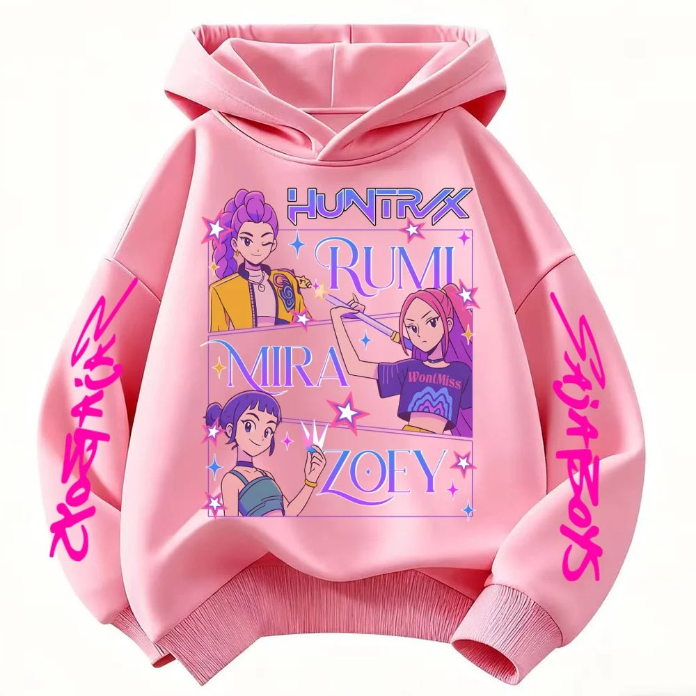 Demone Hunter Girl's Pink Hooded Streetwear Autumn Winter Anime Pullover Kids Y2K Kawaii Long Sleeved Casual Kid Adult Hoodies