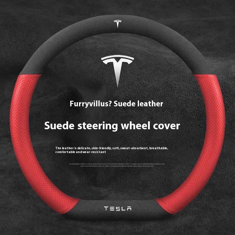 For Tesla Model 3 Model Y Model S Model X Roadster Suede Anti-slip Breathable Leather Car Steering Wheel Cover Auto Accessories
