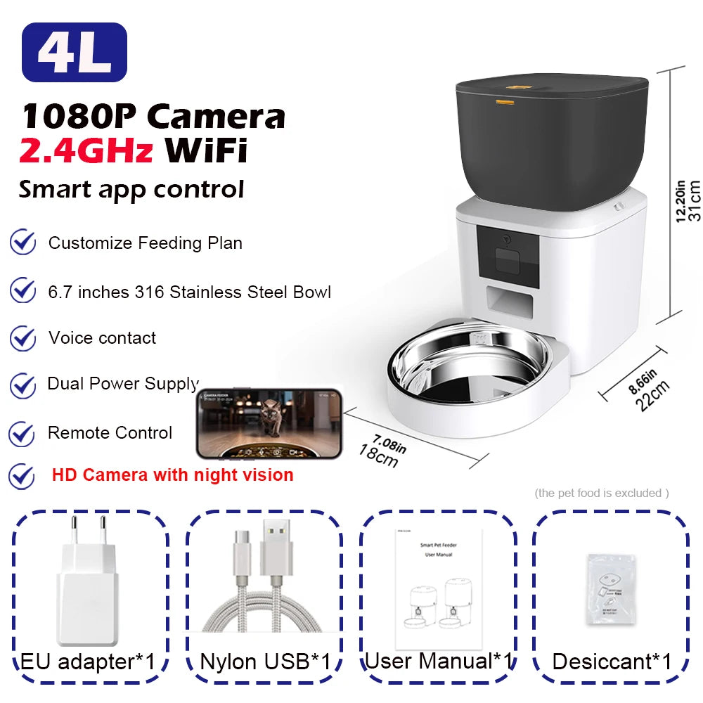 Automatic Cat Feeder With 1080p Camera Video Cat Food Dispenser Pet Smart Voice Recorder Remote Control Auto Feeder For Cat Dog