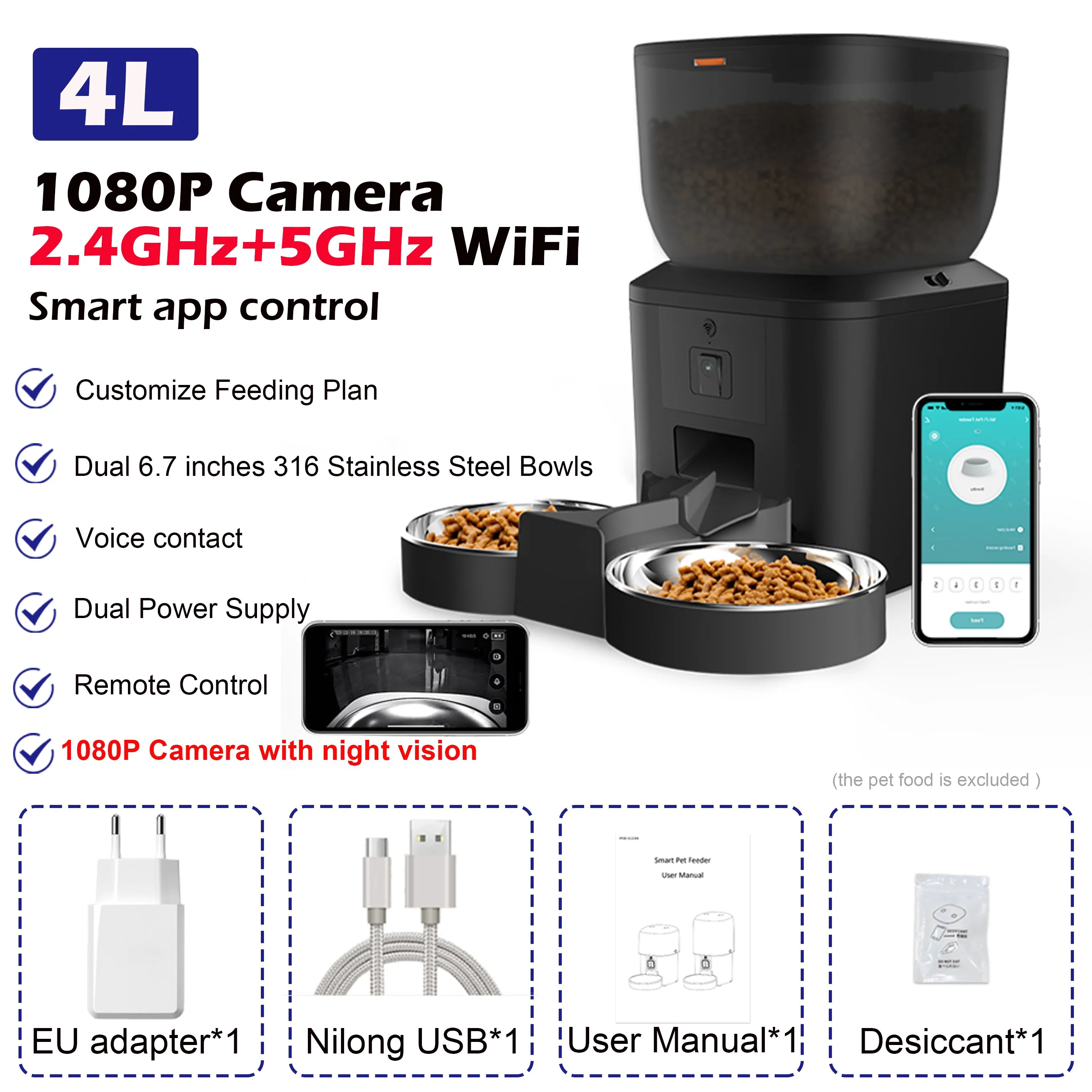 Automatic Cat,Dog Feeder With 1080p Camera