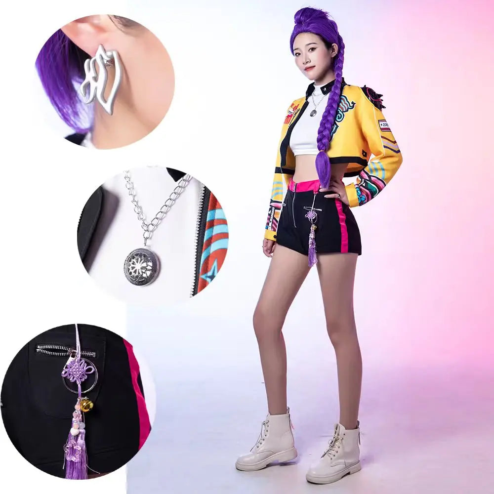 Halloween Performance Costume Cosplay Suit for K-Pop Costume Rumi Women's Adult Print Top Shorts Coat Necklace Pendant Outfit
